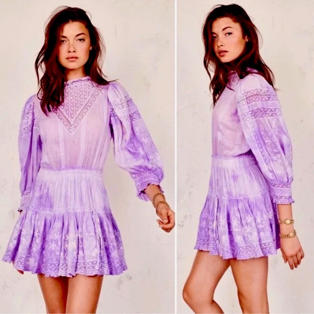 LoveShackFancy Viola Dreamy Whimsical Purple Tie Dye High Neck Dress, Sz S